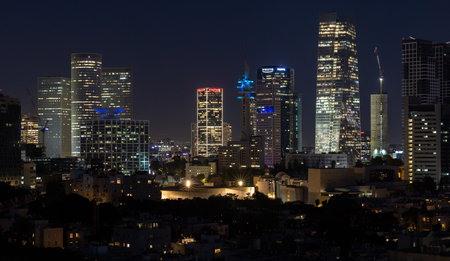 city skyline panoramic view, Tel Aviv, Israel 7.2022 buildings and skyscrapers at nightのeditorial素材