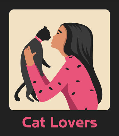 Girl kissing a cat inside a frame with a title - Cat Lovers. Vector flat illustration. Good for national cat day, t-shirt print, posters, mugs, etc.のイラスト素材