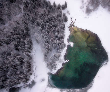 Aerial view of a forest lake in cold winterの写真素材