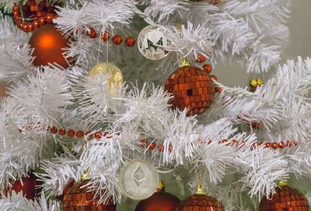 Ethereum, Monero, Bitcoin and christmas, new year silver ethereum. Cryptocurrency Ethereum on a Christmas treeの写真素材