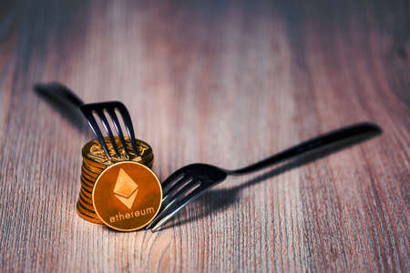 Stack of Ethereum cryptocurrency hard fork conceptの写真素材