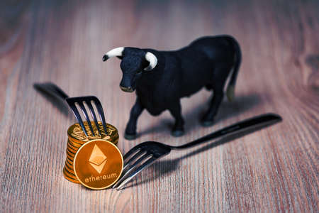 Stack of Ethereum cryptocurrency bullish fork conceptの写真素材