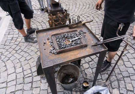 Hand anvil. hummers all blacksmith tools in forge ready for forging