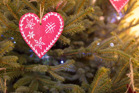 Red heart on spruce and pine background. Valentines Day. Symbol of love. Copy space.の写真素材