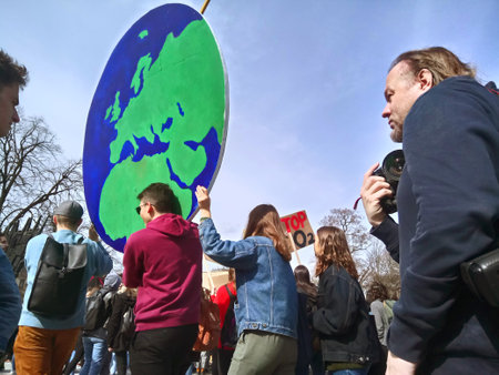 Slovenia, Ljubljana 15.03.2019 - Young protestors with banners at a Youth strike for climate march