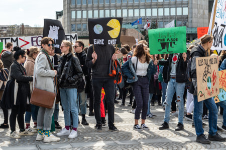 Slovenia, Ljubljana 15.03.2019 - Young protestors with banners at a Youth strike for climate march