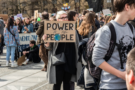 Slovenia, Ljubljana 15.03.2019 - Young protestors with banners at a Youth strike for climate march