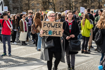Slovenia, Ljubljana 15.03.2019 - Young protestors with banners at a Youth strike for climate march