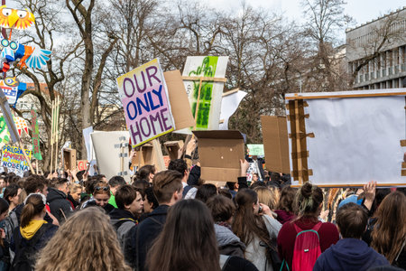 Slovenia, Ljubljana 15.03.2019 - Young protestors with banners at a Youth strike for climate march