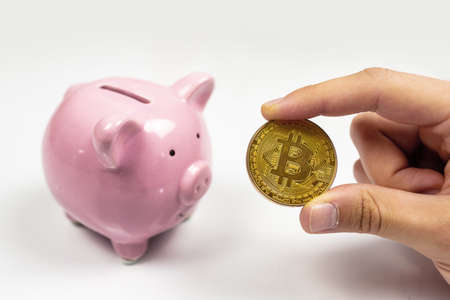 Putting bitcoin to piggy bank, new virtual electronic and digital money, hodl investment conceptの写真素材