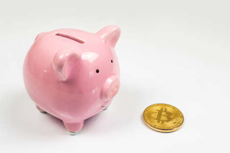 Putting bitcoin to piggy bank, new virtual electronic and digital money, hodl investment conceptの写真素材