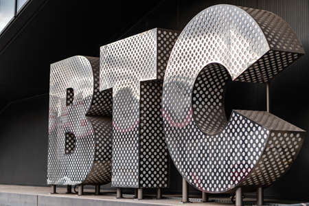 Bitcoin. Crypto currency Gold Bitcoin, BTC, Bit Coin. Photo of big BTC signの写真素材