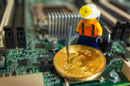 Asic farm mining for shiny golden bitcoin cryptocurrencyの写真素材