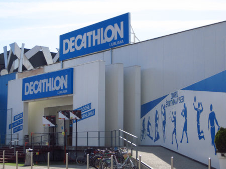 LJUBLJANA, SLOVENIA - MARCH 22 2019: Decathlon sign on a wall. Decathlon is a french company and one of the worlds largest sporting goods retailersのeditorial素材