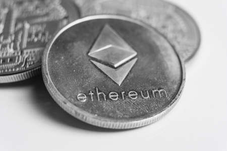 Ethereum silver coin, Blockchain Cryptocurrency concept, Ethereum newsの写真素材