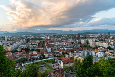 Ljubljana, the capital of Slovenia, viewed from Ljubljana Castle. At the sunsetの写真素材