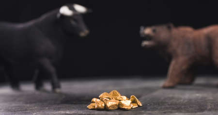 Gold market bearish or bullish trend with bull and bear figures in backgroundの写真素材