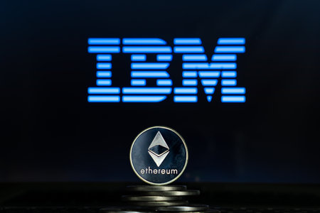 Ethereum coins with IBM logo on a laptop screen. Slovenia, Ljubljana - 02 24 2019のeditorial素材