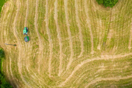 Farmer harvesting hay on the grass field with green forest around, aerial viewの写真素材