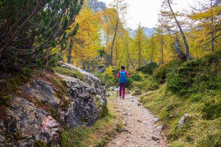 Beautiful autumn for hike in the mountains. Triglav national park in Kranjska Gora, Slovenia.の写真素材