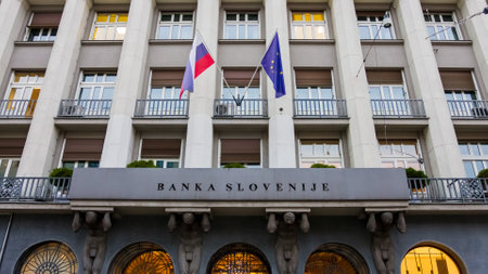 SLOVENIA, LJUBLJANA - 17 December 2020: Bank of Slovenia main building in Ljubljanaのeditorial素材