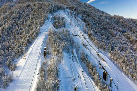 Aerial view of Ski Jump in Planica, Slovenia at Ratece near Kranjska gora in winter with snow.の写真素材