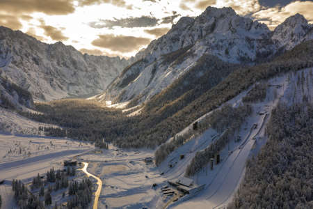 Aerial view of Ski Jump in Planica, Slovenia at Ratece near Kranjska gora in winter with snow.