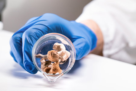 Magic Mushrooms in laboratory. Psilocybin science and research. Person examining fungi.の写真素材