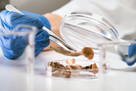 Magic Mushrooms in laboratory. Psilocybin science and research. Person examining fungi.の写真素材