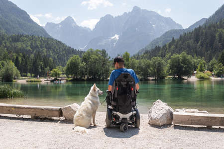 Disabled man on wheelchair with his dog on a trip in nature.の写真素材