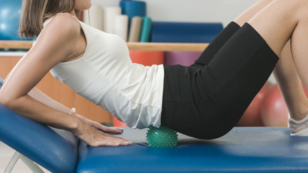 Woman doing self-massage with spiky massage ball moving the body up and down.