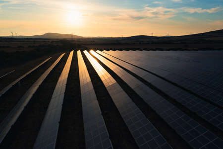 Aerial shot of ground-mounted solar panels, on a solar farm, at sunset.の写真素材