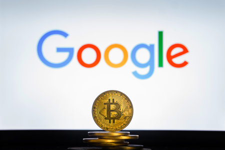SLOVENIA, LJUBLJANA - 18 JANUARY 2022: Google logo on screen with Bitcoin coins.のeditorial素材