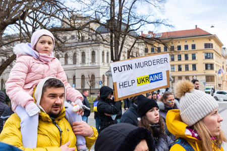 Slovenia, Ljubljana - February 28 2022: The demonstration and protest in support of Ukraine and against the Russian aggression and war.のeditorial素材