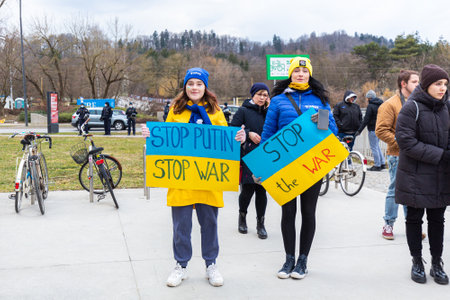 Slovenia, Ljubljana - February 28 2022: The demonstration and protest in support of Ukraine and against the Russian aggression and war.のeditorial素材