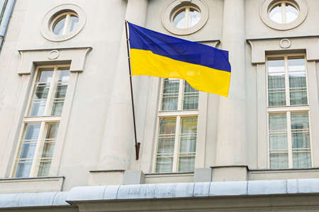 Ukraine national flag waving in wind. Blue and yellow color.の写真素材
