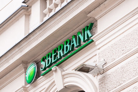 Slovenia, Ljubljana - March 6 2022: Sberbank logo on building. Russian bank signのeditorial素材