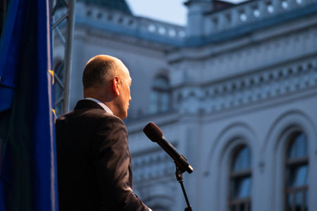 Slovenia, Ljubljana - March 2 2022: Prime Minister Janez Jansa, keynote speaker at the protest in support of Ukraineのeditorial素材