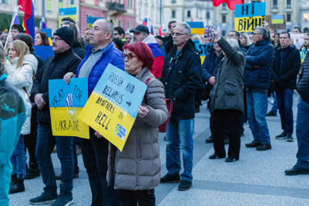 Slovenia, Ljubljana - March 2 2022: Demonstrations against war in Ukraine, after Russian invasion.のeditorial素材