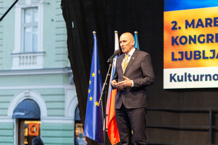 Slovenia, Ljubljana - March 2 2022: Prime Minister Janez Jansa, keynote speaker at the protest in support of Ukraineのeditorial素材
