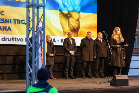 Slovenia, Ljubljana - March 2 2022: Prime Minister Janez Jansa, keynote speaker at the protest in support of Ukraineのeditorial素材