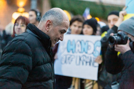 Slovenia, Ljubljana - March 2 2022: Prime Minister Janez Jansa, keynote speaker at the protest in...