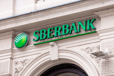 Slovenia, Ljubljana - March 6 2022: Sberbank logo on building. Russian bank signのeditorial素材