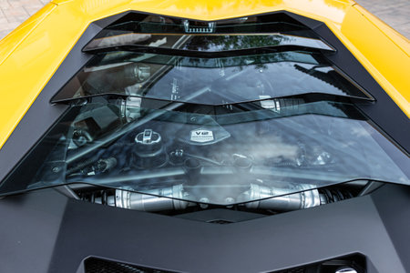 Slovenia, Ljubljana - July 5 2021: Yellow luxury supercar Lamborghini Aventador on street.のeditorial素材
