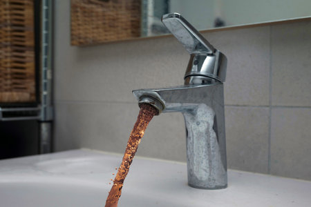 Dirty brown tap water after floods in the city streets after heavy rain. Severe weather disaster.