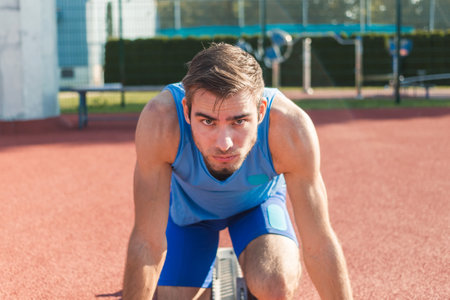 Focused young professional male Caucasian athlete ready for the run race in a sprint starting positionの写真素材