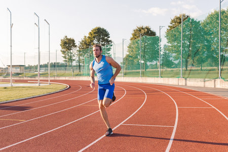 Young man, a professional athlete with a serious and focused face running along an outdoor athletic track near the sports fieldの写真素材