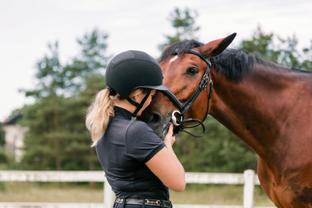 Young female jockey in helmet petting her horse in countrysideの写真素材