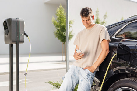 Men charging electric car in city and adjusting EV charging app on smartphoneの写真素材