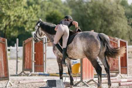 Young woman jockey getting up on her horse outside in summerの写真素材